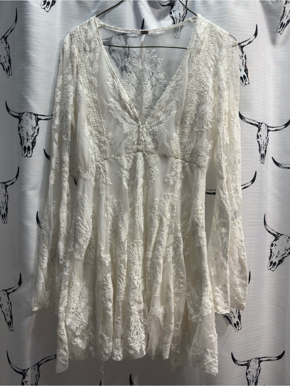 Free People Ivory Lace V-Neck Long Sleeve Mini Dress